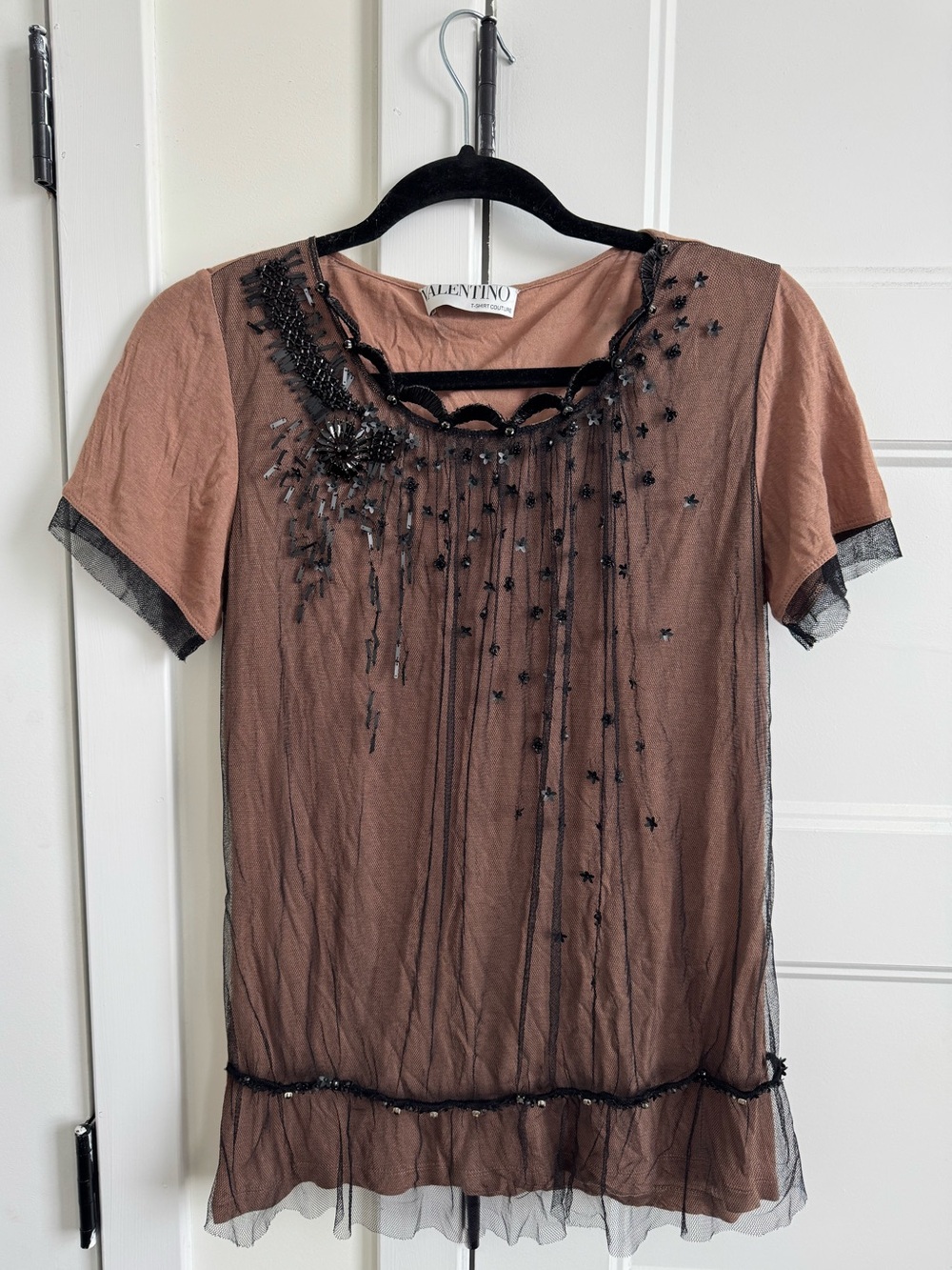 Valentino T-Shirt Couture Floral Sequin & Laced Mesh Overlay Short Sleeve Tee